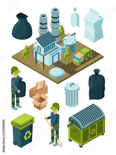Waste recycle isometric. Refuse garbage facility sort plastic container disposal trash truck vector symbols. Garbage and waste, illustration of trash recycle
