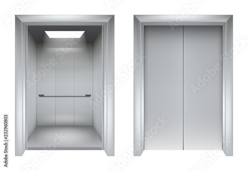 Elevator doors. Closing and opening lift metallic in office building vector realistic 3d pictures. Illustration of lift door and elevator for office or hotel