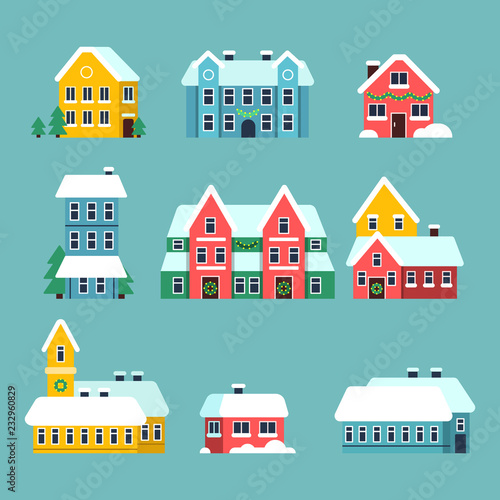 Winter houses. Urban xmas holidays snowy city snowflakes on the house roof vector cartoon set. Xmas house with snow, city urban decorated home illustration