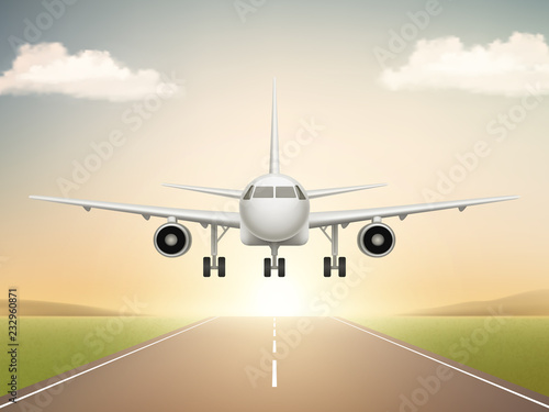 Jet aeroplane on runway. Aircraft takeoff from civil airline to blue sky realistic vector background illustrations. Travel plane in air, aircraft flight transportation