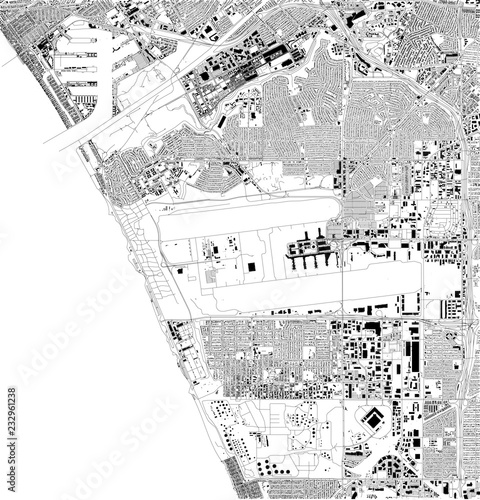 Mappa satellitare di Los Angeles, aeroporto, California, Usa, strade della città. Stradario e mappa del centro città