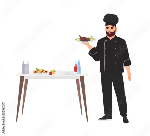 Cook dressed in uniform holding plate with delicious gourmet meal isolated on...