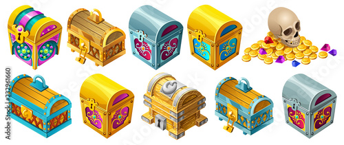 Set cartoon wooden isometric closed chests decorated silver for computer game. Isolated vector illustration on white background.