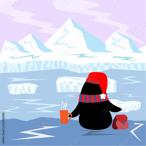 Little Penguin with hot tea sitting on the edge and looks at the drifting ice floe in the Arctic