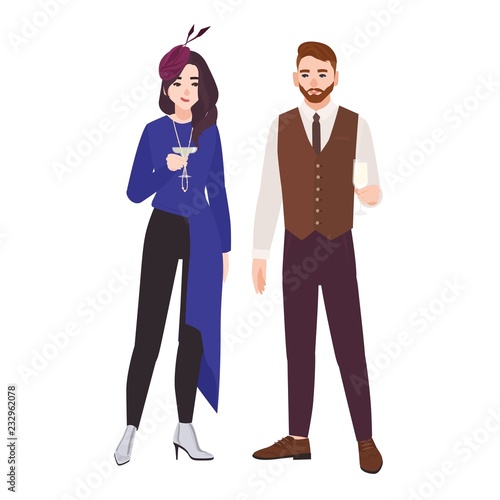 Young romantic couple dressed in elegant stylish clothes isolated on white ba...