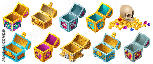 Set cartoon wooden isometric open chests decorated silver for computer game. Isolated vector illustration on white background.