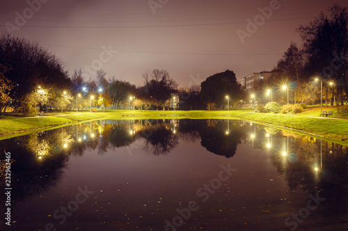 City pond with illumination around the radius with the reflection of lights