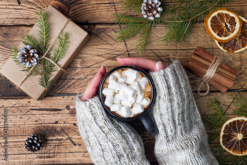 Hot chocolate with marshmallow hold female hands with cinnamon sticks  anise  nuts on wooden background  Christmas concept