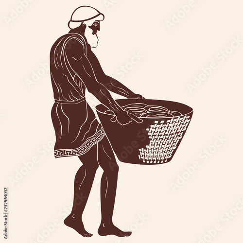 Ancient Greek man slave with a heavy basket in his hands. Figure isolated on beige background.