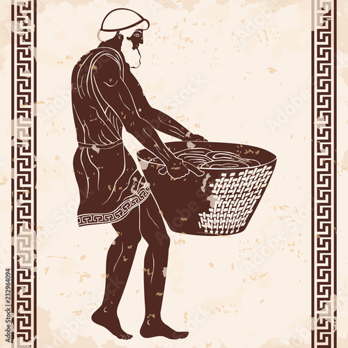 Ancient Greek man slave with a heavy basket in his hands. Figure on a beige background with the aging effect.