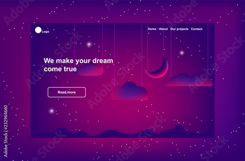 Landing page template. Night theme. Starry sky, crescent moon and clouds on the thread.