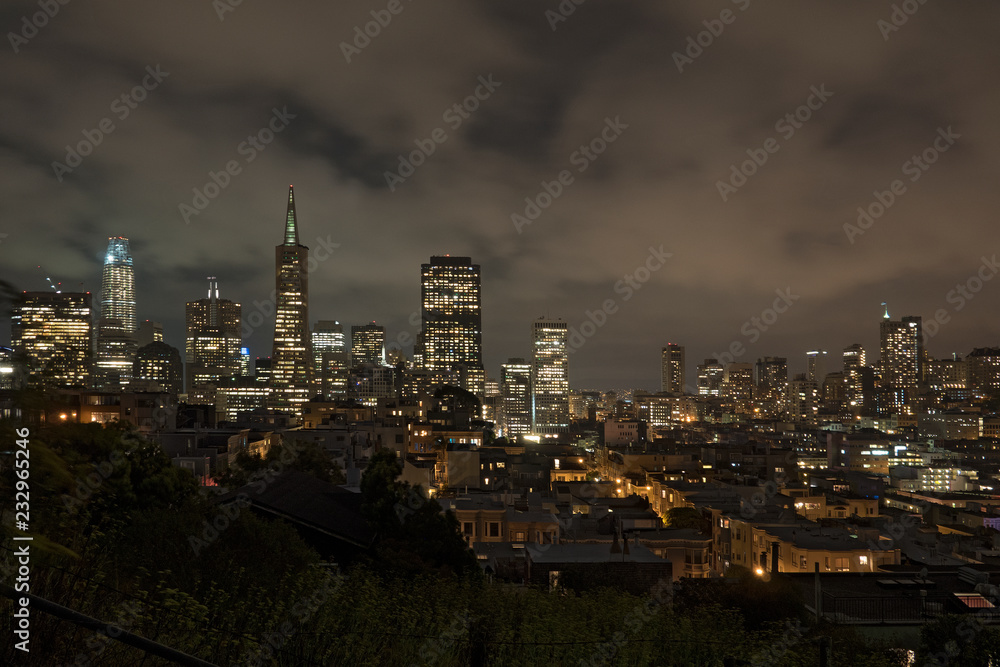 San Francisco skyline at night, as seen from the Coit Tower