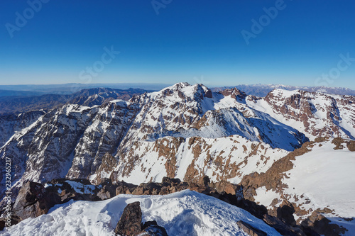 Toubkal national park  the peak whit 4 167m is the highest in the Atlas mountains and North Africa  trekking trail panoramic view.