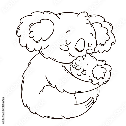 Cute koala mother and baby. Black and white outline illustration. Coloring book page.