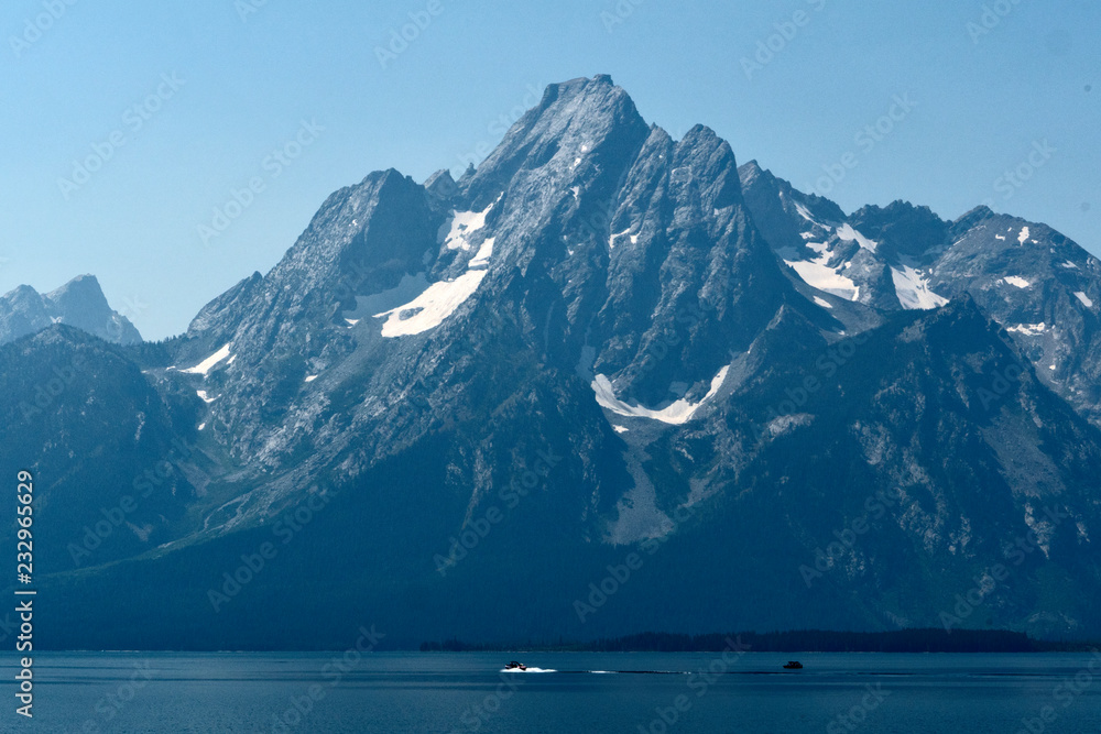 Two boats at Jackson Lake in Grand Teton National Park, Wyoming, USA