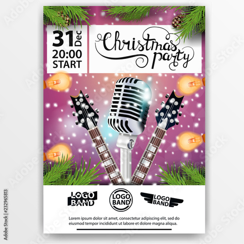 Christmas party. Modern, bright poster with guitars and microphone
