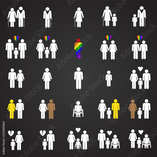 People gender race orientation age set on black background icons