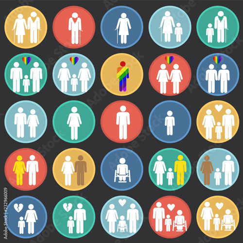 People gender race orientation age set on color circles black background icons