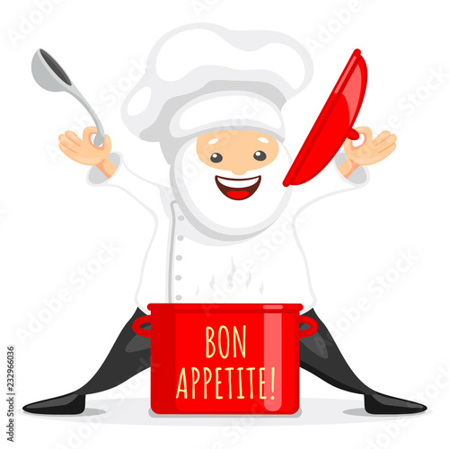 Cute chef character. Cheerful chef standing near the red hot pot with the Bon appetite phrase. Vector illustration in cartoon style.