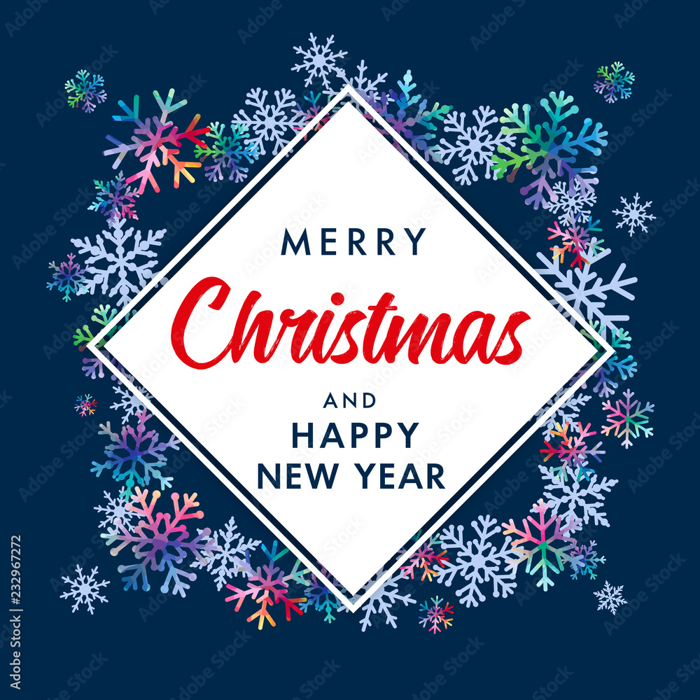 Merry Christmas and Happy New Year elegant lettering banner. Vector xmas greeting for Happy New Year greeting card of winter colored and blue snowflakes on snow frame