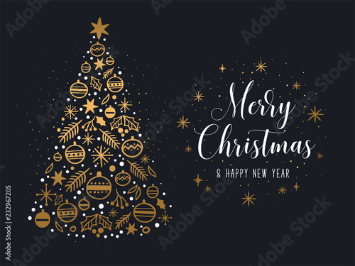 Merry Christmas and Happy New Year greeting card. Vector illustration of a golden Christmas tree and white cursive inscription with glitter. Isolated on a black background.