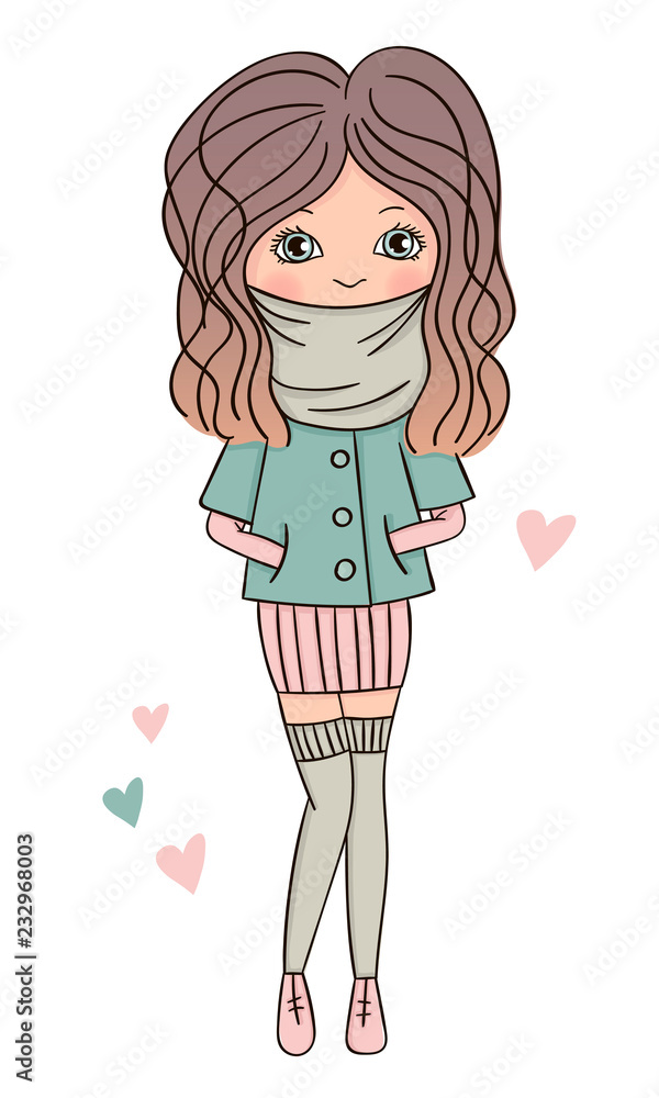 Fashionable girl vector cute character casual winter outfit. Hand drawn doodle style. Fashion and style, clothing and accessories. Vector illustration for a postcard or poster. Fashionable girl vector cute character casual winter outfit. Hand drawn doodle style. Fashion and style, clothing and accessories. Vector illustration for a postcard or poster.