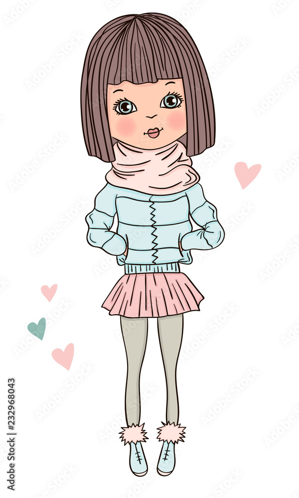 Fashionable girl vector cute character casual winter outfit. Hand drawn doodle style. Fashion and style, clothing and accessories. Vector illustration for a postcard or poster.
