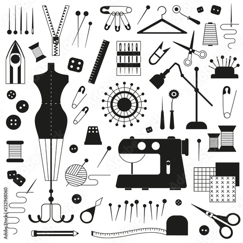 Sewing and dressmaking equipment and handcraft supplies elements set. Tailor needlework accessories with mannequin, spool of thread, needle, scissors, fabric, pincushion with pins, sewing machine.