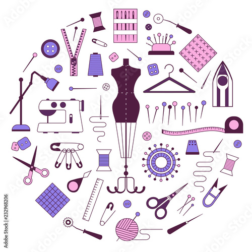 Clothing repair atelier icons. Sewing and dressmaking equipment, handcraft supplies icon set for tailor shop. Tailoring and sewing craft vintage card or print pattern stylized in circle shape.