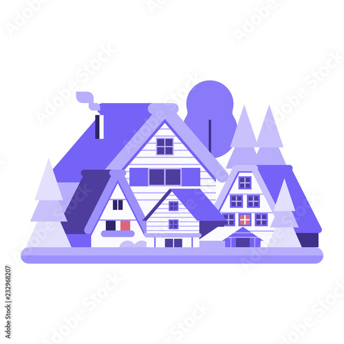 Snowy winter village icon. Alp countryside with snow farm houses, wooden cabins and chalets by wintertime.
