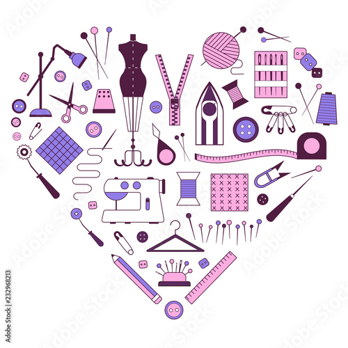 Tailoring and dressmaking equipment, handcraft supplies icon set for tailor shop. Love sewing craft card stylized in heart shape.