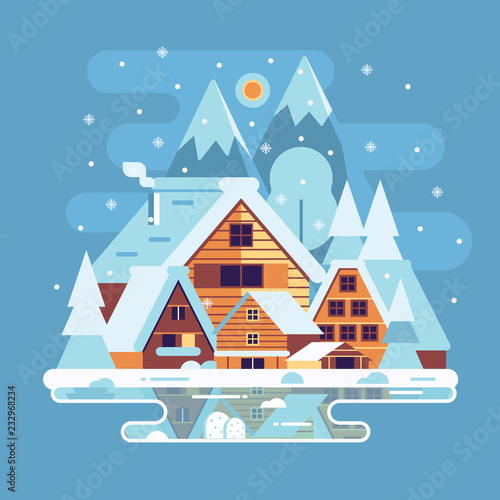 Snowy landscape with winter village in the mountains. Alp countryside with snow houses, wooden cabins and chalets on frozen lake by wintertime.