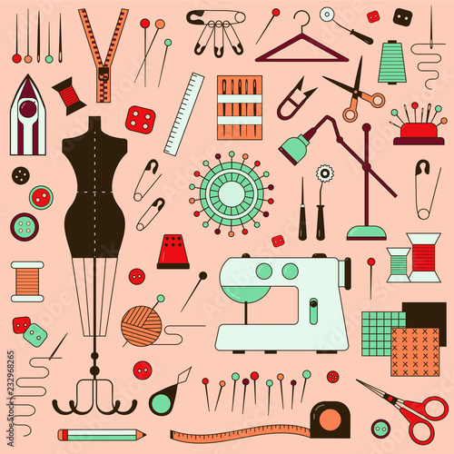 Sewing and dressmaking equipment and handcraft supplies elements set. Tailor needlework accessories with mannequin, spool of thread, needle, scissors, fabric, pincushion with pins, sewing machine.