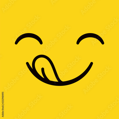 Yummy emoticon with happy smile and tongue enjoying great taste. Delicious logo isolated on white background. Vector illustration