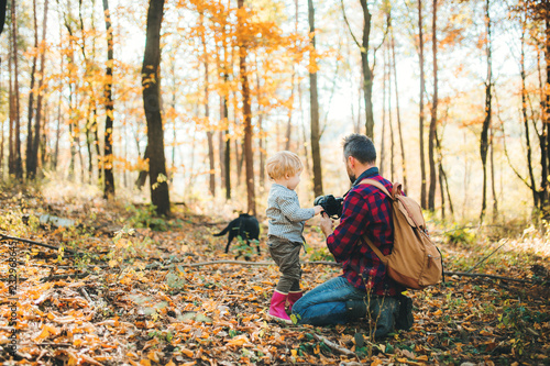A mature father and a toddler son in an autumn forest, taking pictures with a camera.