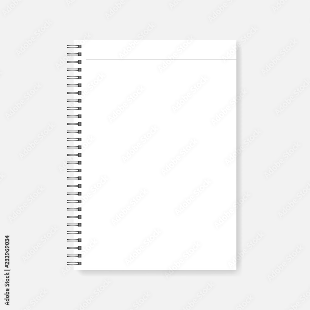 Spiral blank white A4 notebook page with margins, realistic mock-up Spiral blank white A4 notebook page with margins, realistic mock-up