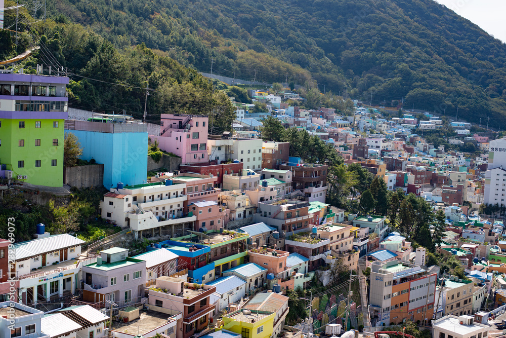 Busan, South Korea - October 11, 2018 - Gamcheon Culture Village is the famous attractive spot for tourists. It is colourful village on mountain slope always used to film Korean TV series. 
