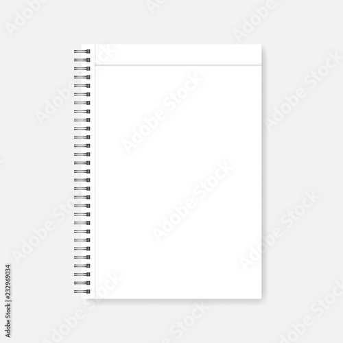 Spiral blank white A4 notebook page with margins, realistic mock-up