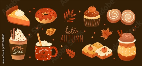 Bundle of pumpkin spice flavored sweet food products and hot drinks isolated on white background. Set of tasty confections or desserts - pie, cake, cookies, roll, donut. Colored vector illustration.