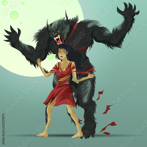 Angry werewolf monster turning under full moon poster