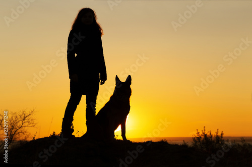 silhouette woman walking with a dog in the field at sunset, a girl in an autumn jacket playing with pet throwing wooden stick on the nature