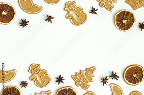 Gingerbread  and anise on white background. Christmas composition 