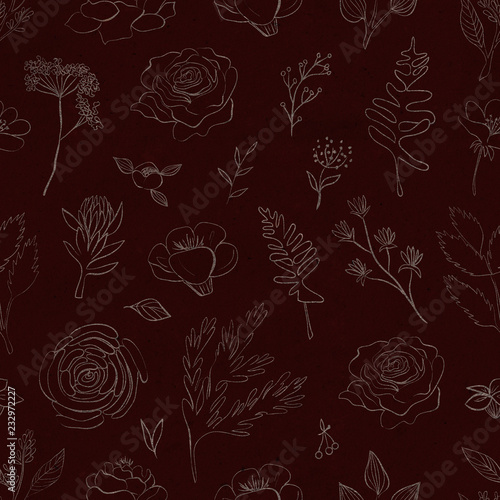 Seamless pattern with graphic silver flowers, plants on red crafting background. Gothic background