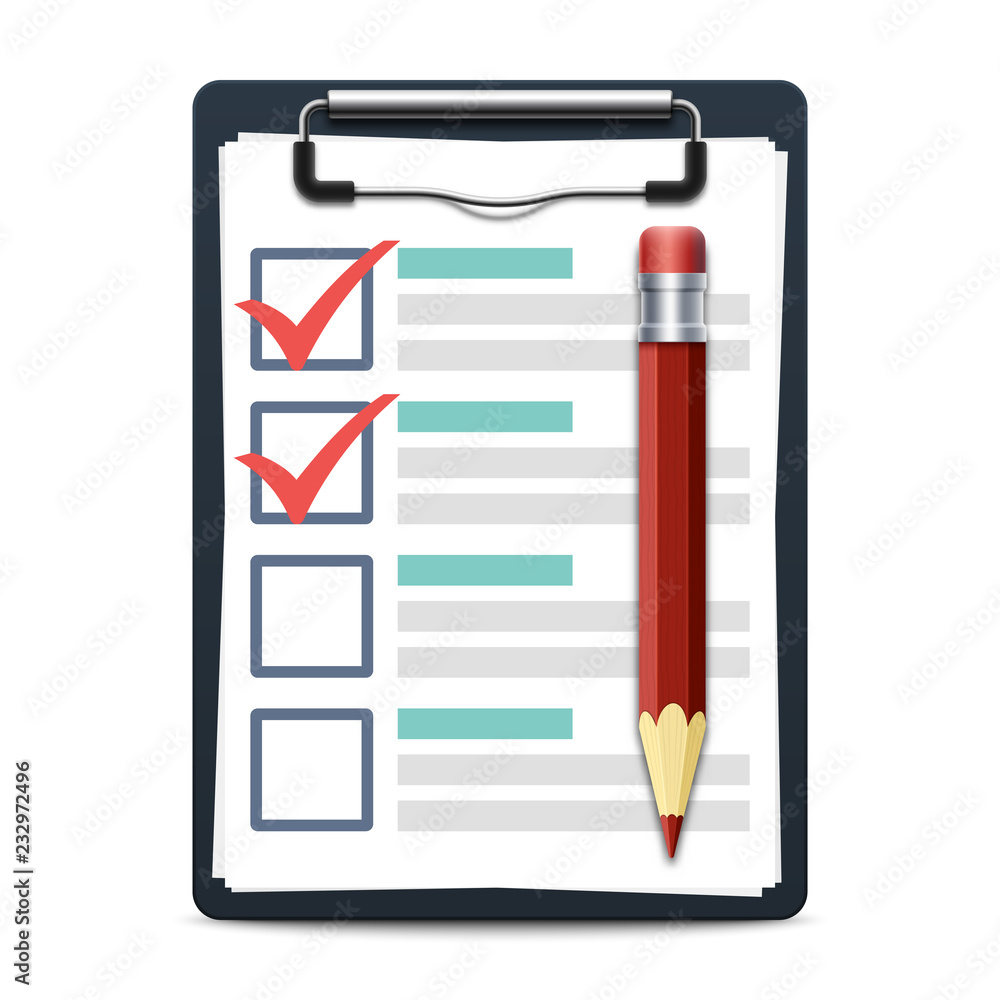 Clipboard with attached checklist or task list and pencil. Realistic vector illustration isolated on white background Clipboard with attached checklist or task list and pencil. Realistic vector illustration isolated on white background