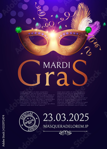Mardi Gras Carnival Flyer Template with Mask.