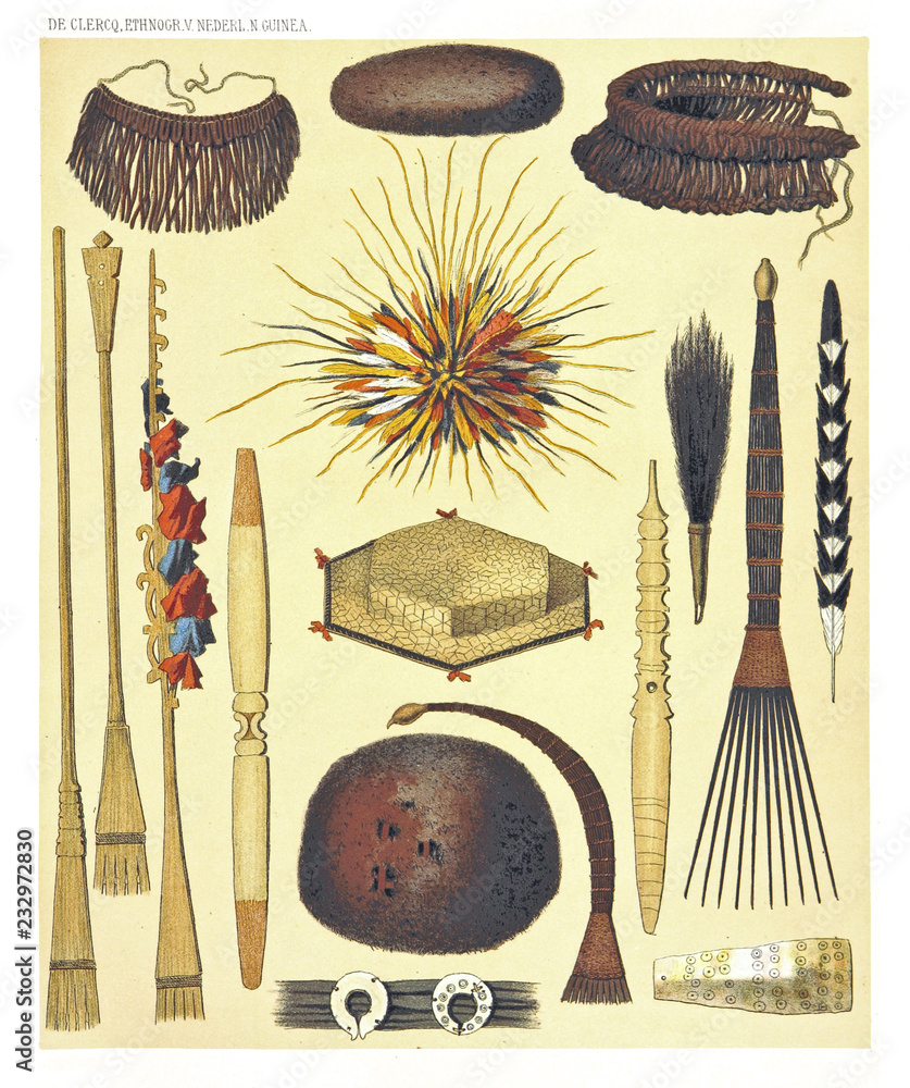 Ancient collection of african tribal ethnic objects from the West and North coast of Dutch New Guinea, isolated elements. By F.S.A. De Clercq and J.D.E. Schmeltz Leiden 1893 New Guinea - obrazy, fototapety, plakaty 