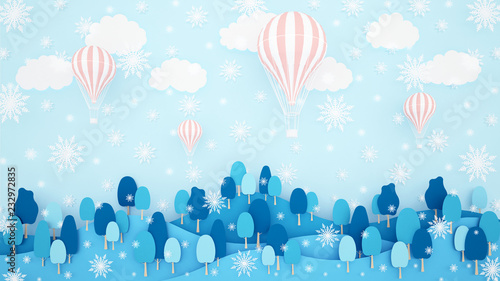 Pink balloons , forest and snowflake on the sky background. Artwork for balloon international festival. paper cut or craft style.Winter season artwork.3D illustration.