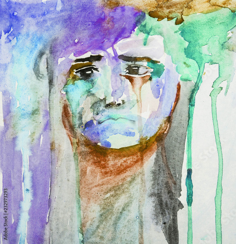 Unhappy Little Sad Kid Portrait - Abstract Watercolor Painting photo