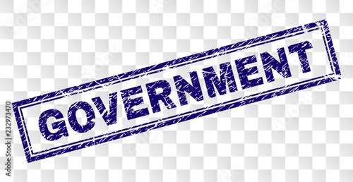 GOVERNMENT stamp seal print with rubber print style and double framed rectangle shape. Stamp is placed on a transparent background. Blue vector rubber print of GOVERNMENT text with unclean texture.