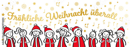 Weihnachtschor, Sternsinger, Chor, Banner, lustige Strichfiguren singen Weihnachtslied Fröhliche Weihnacht überall